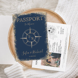 Passport-Hochzeit in Urlaubsort Gold-Compass-Monog Einladung