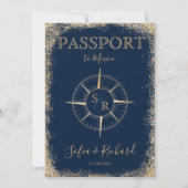 Passport-Hochzeit in Urlaubsort Gold-Compass-Monog Einladung (Vorderseite)