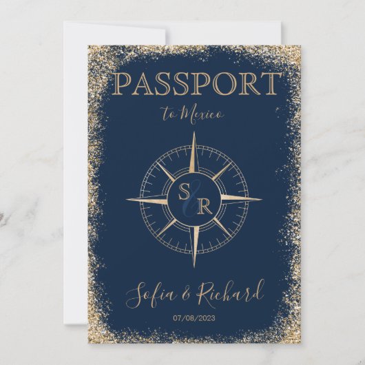 Passport-Hochzeit in Urlaubsort Gold-Compass-Monog Einladung (Vorderseite)