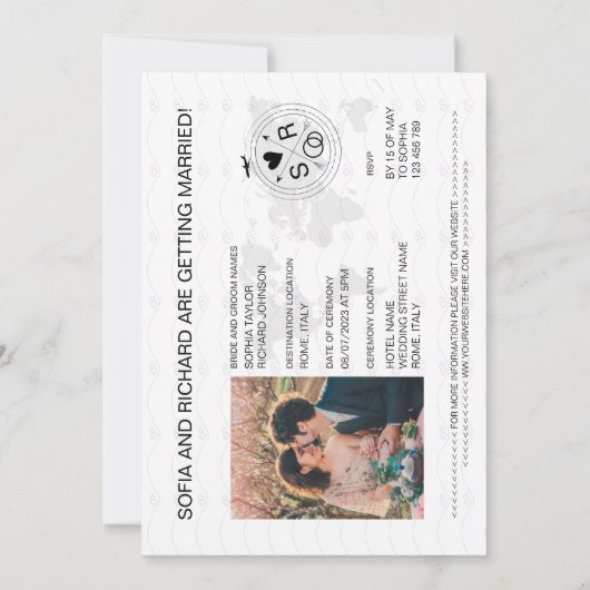 Passport-Hochzeit in Urlaubsort Gold-Compass-Monog Einladung (Rückseite)