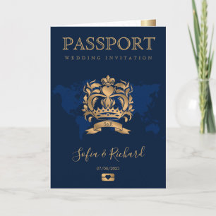 Passport Hochzeit in Urlaubsort Imitate Gold Wappe Einladung