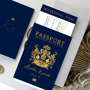 Passport-Hochzeit in Urlaubsort Imitate Goldeinlad Einladung