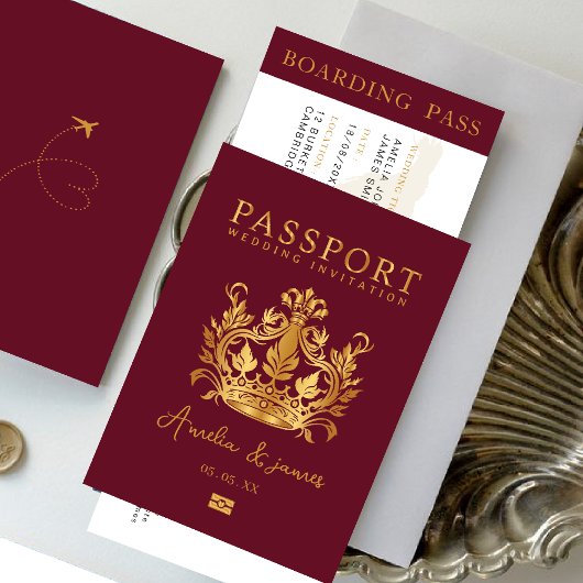 Passport-Hochzeit in Urlaubsort Imitate Goldeinlad Einladung