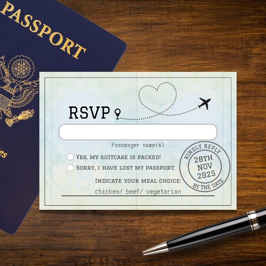Passport-Hochzeit in Urlaubsort RSVP Karte