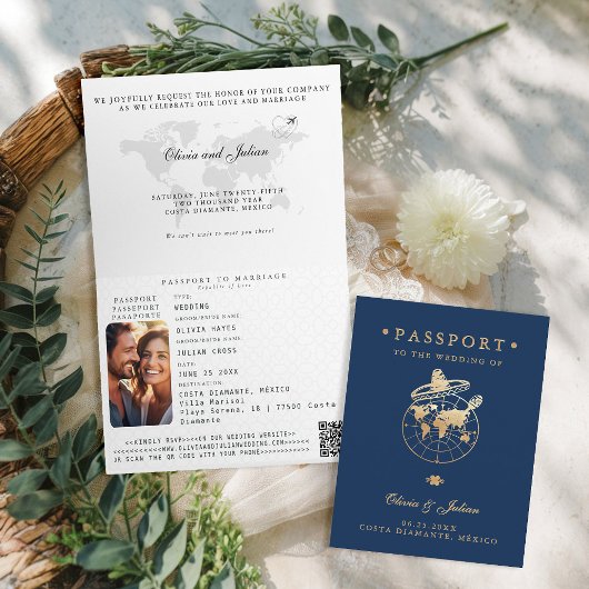 Passport Imitats Gold Navy Mexico Hochzeit in Urla Einladung