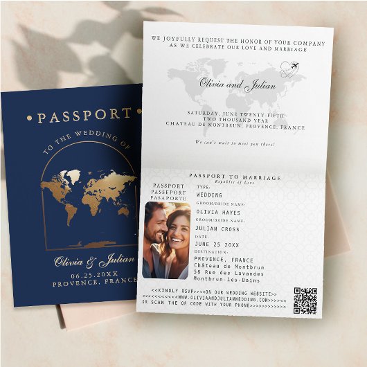Passport-Karte Boho Arch Navy-Hochzeit in Urlaubso Einladung