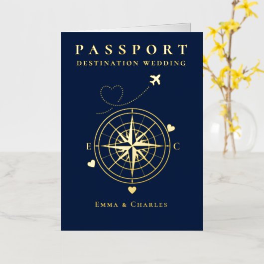 Passport Navy Blue Gold Wedding Save The Date (Gelbe Blume)