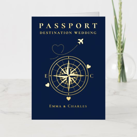 Passport Navy Blue Gold Wedding Save The Date (Vorderseite)