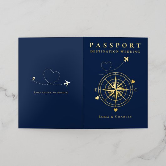 Passport Navy Blue Gold Wedding Save The Date (Äußere Ablage)