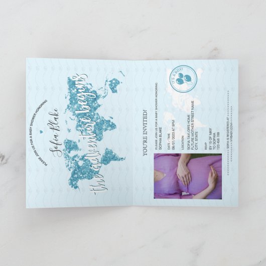 Passport Reiseboy Baby Shower Adventure beginnt Einladung (Innenseite)