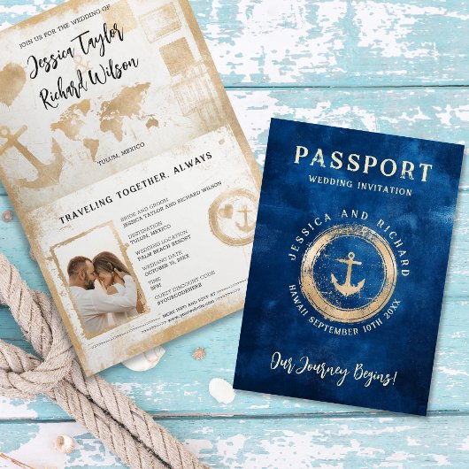 Passport Wedding Cruise Nautical Coastal Vintag Einladung