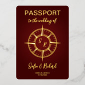 Passport Wedding Destination Gold Compass Monogram Folieneinladung (Vorderseite)