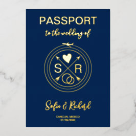 Passport Wedding Destination Gold Foil Flugzeug He Folieneinladung
