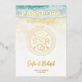 Passport Wedding Destination Gold Foil Flugzeug He Folieneinladung