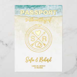 Passport Wedding Destination Gold Foil Flugzeug He Folieneinladung