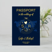Passport Wedding Destination Gold Foil Flugzeug He Folieneinladung (Stehend vorne)