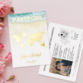 Passport Wedding Destination Gold Foil Flugzeug He Folieneinladung