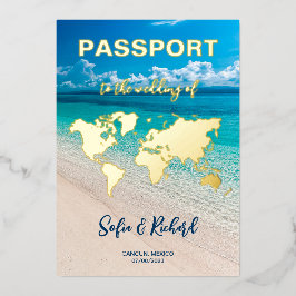 Passport Wedding Destination Gold Foil Flugzeug He Folieneinladung