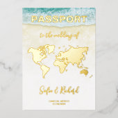 Passport Wedding Destination Gold Foil Flugzeug He Folieneinladung (Vorderseite)
