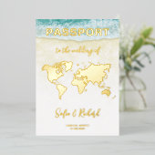 Passport Wedding Destination Gold Foil Flugzeug He Folieneinladung (Stehend vorne)
