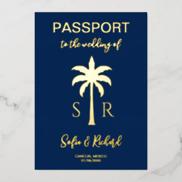 Passport Wedding Destination Gold Palm Monogram Folieneinladung