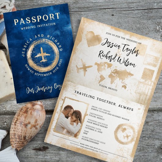 Passport Wedding Navy Blue Gold Vintag Einladung