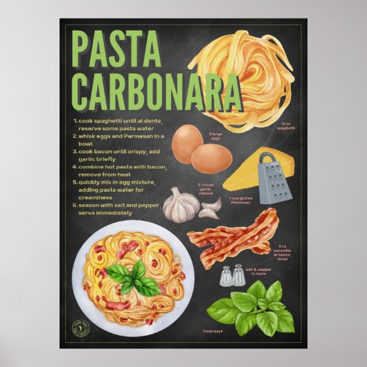 Pasta Carbonara Recipe Chalkboard Küche Poster (Vorne)