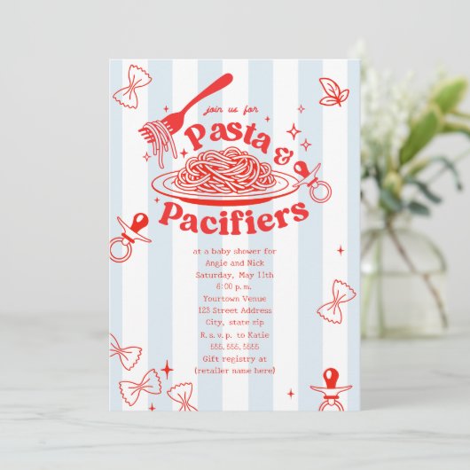 Pasta & Pacifiers Doodle Neutral Baby Shower Einladung (Stehend Vorderseite)
