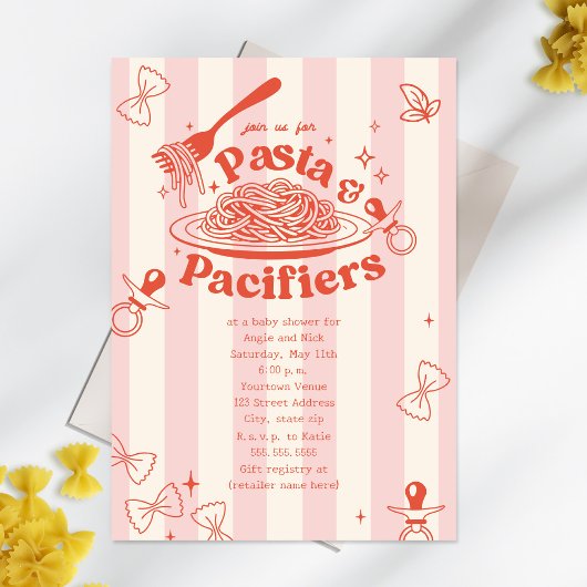 Pasta & Pacifiers Doodle Pink Girl Baby Shower Einladung