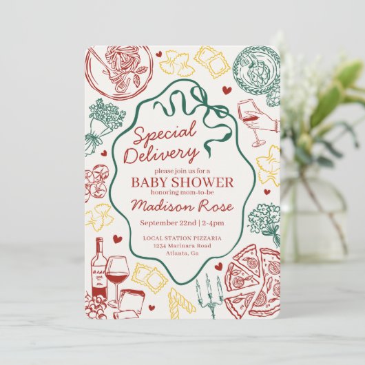 Pasta Special Delivery Italian Baby Shower Einladung (Stehend Vorderseite)