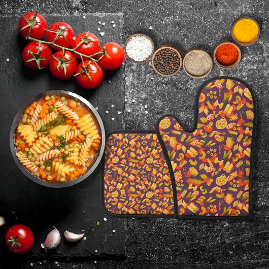 Pasta und lila Gemüse Ofenhandschuh & Topflappen-Set