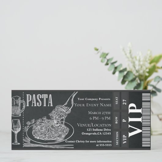 Pasta WIne Dinner Chalk VIP Abendessen Party Ticke Einladung (Stehend Vorderseite)