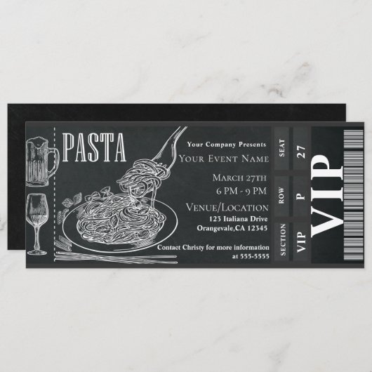Pasta WIne Dinner Chalk VIP Abendessen Party Ticke Einladung (Vorne/Hinten)