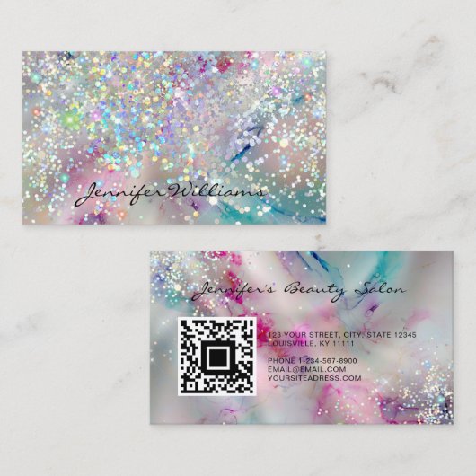 Pastel Alcohol Ink Holographic Glitzer QR Code Visitenkarte (Vorne/Hinten)
