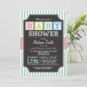 Pastel Alphabet Blocks Chalkboard-Look Kinderdusch Einladung (Stehend Vorderseite)