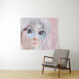 Pastel Anime Girl mit Brillen und Herz Wandteppich