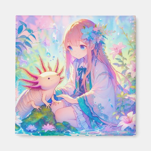 Pastel Anime Girl und Axolotl Personalisiert Magnet (Vorne)
