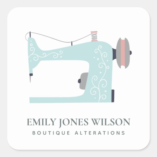 PASTEL AQUA BLUE PEACH PINK SEWMACHINE TAILOR QUADRATISCHER AUFKLEBER (Vorderseite)
