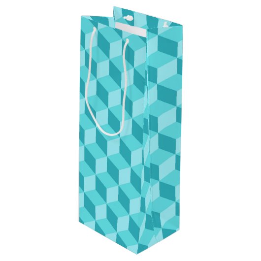 PASTEL AQUA GEOMETRIC CUBE PATTERS GESCHENKTÜTE FÜR WEINFLASCHEN (Vorderseite Schrägansicht)