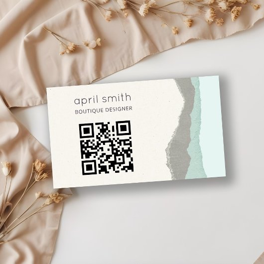Pastel Aqua Gray Kraft Mountain Wave QR Code Visitenkarte