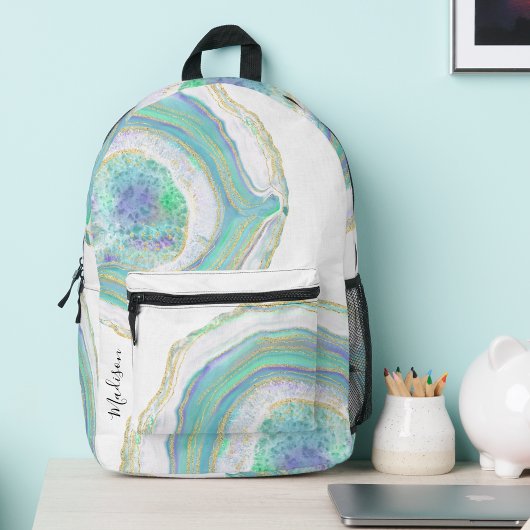 Pastel Aqua und Lila Agate-Muster mit Name Bedruckter Rucksack