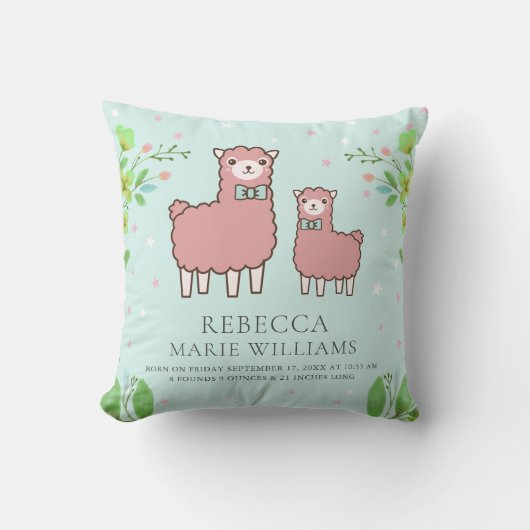 Pastel Aquamarin Niedlich Pink Llama Baby Girl Bir Kissen (Vorderseite)