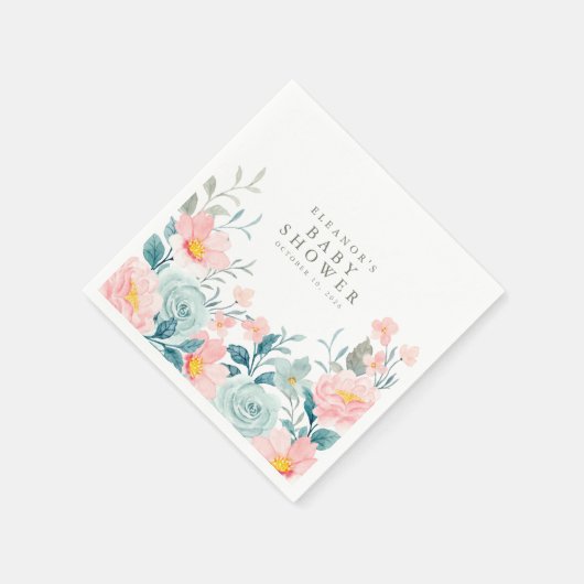 Pastel Aquamarin Pink Aquarell Blumendusche Serviette (Ecke)