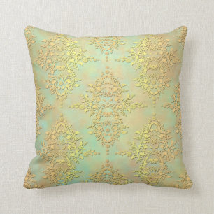 Pastel Aquamarin und Gold Aurora Antiker Damast Kissen