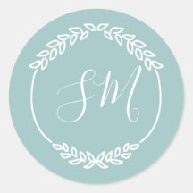 Pastel Aquamarin White Leaf Wreath Monogram Weddin