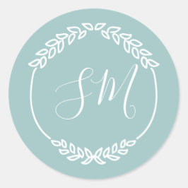 Pastel Aquamarin White Leaf Wreath Monogram Weddin Runder Aufkleber