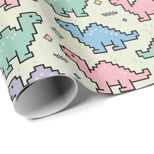 Pastel Arcade Dinosaur Pixel Silhouette Muster Geschenkpapier (Rolleneckpunkt)