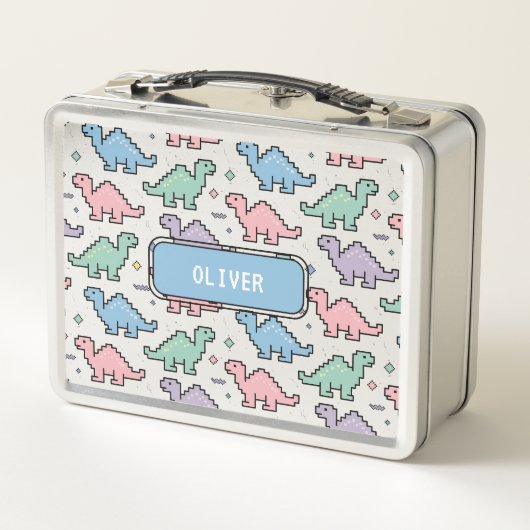 Pastel Arcade Dinosaur Pixel Silhouette Muster Metall Brotdose (Rückseite)