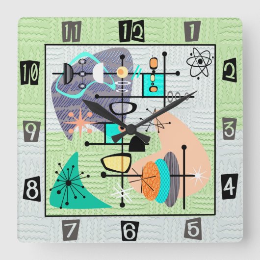 Pastel Atomic Modern Mid Century Quadratische Wanduhr (Vorderseite)