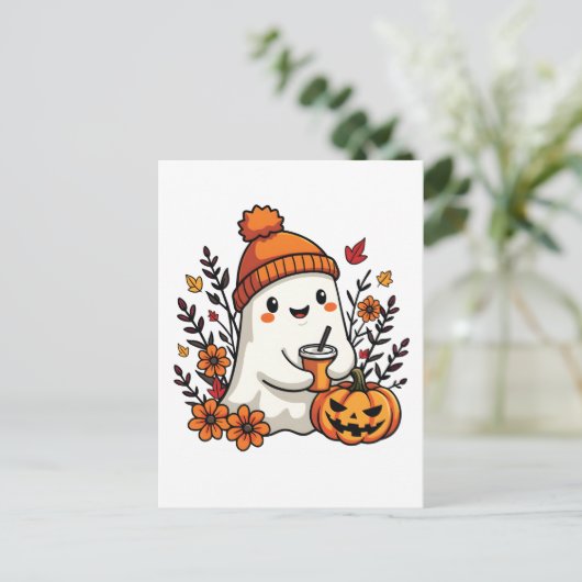 Pastel Autumn Kawaii Ghost Fall Pumpkin Gewürz Postkarte (Stehend Vorderseite)